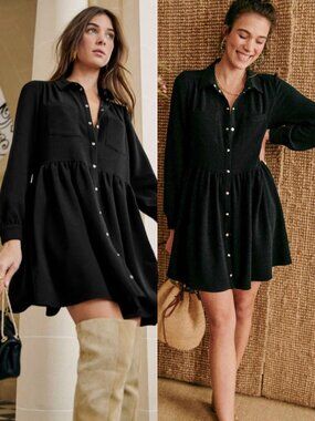 Sezane Leana Mini Dress Black Noir Long Sleeve Size 44 US 12